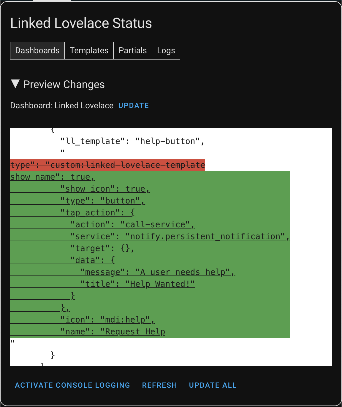 Linked Lovelace Status Loaded Card